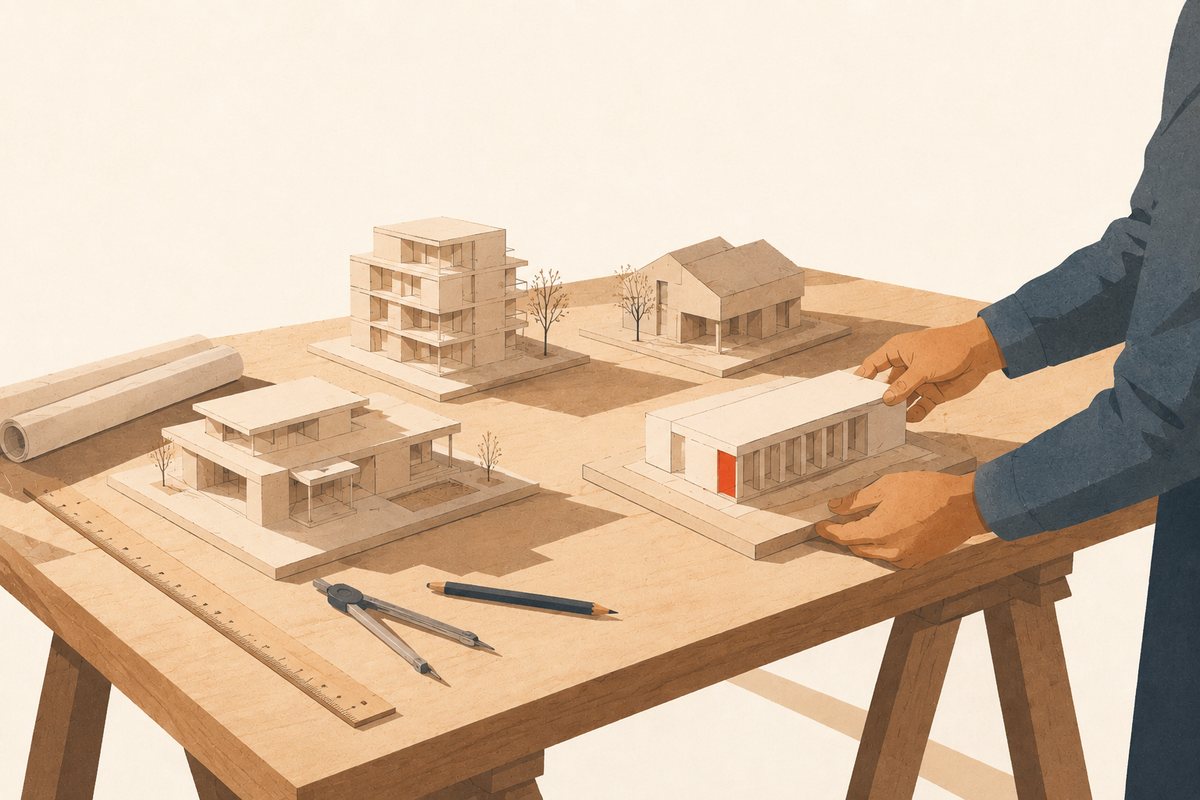 Quatre maquettes d&rsquo;architecture posées sur une table à dessin, entourées d&rsquo;un réglet, d&rsquo;un compas et de plans roulés ; une main ajuste la quatrième.