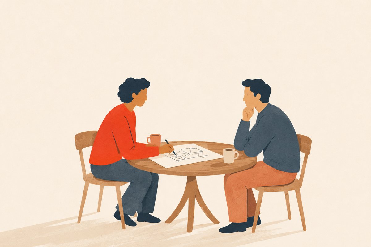 Deux personnes en conversation de part et d&rsquo;autre d&rsquo;une table, un croquis tracé au crayon entre elles.