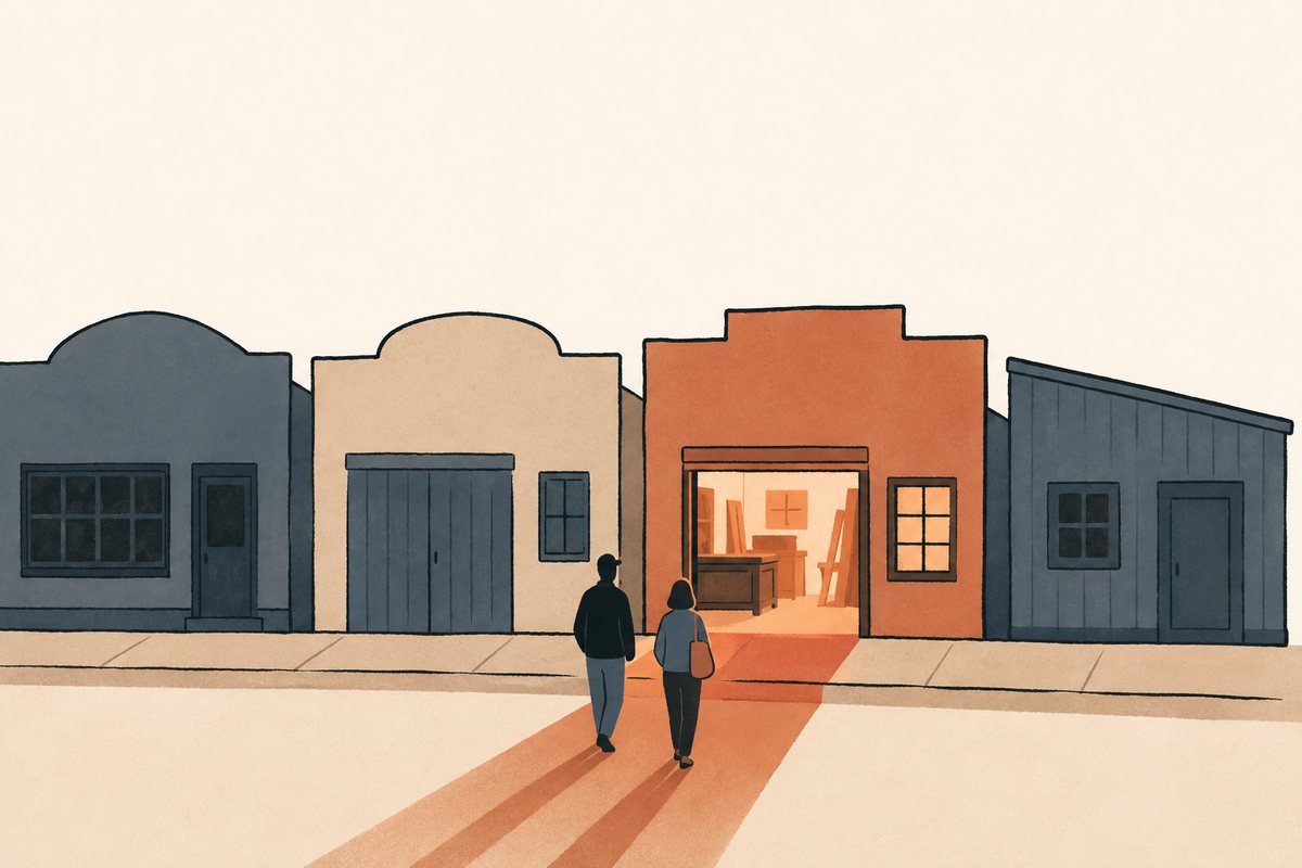 Une rue d&rsquo;ateliers aux devantures fermées ; un seul est éclairé de l&rsquo;intérieur, et deux personnes s&rsquo;y dirigent.