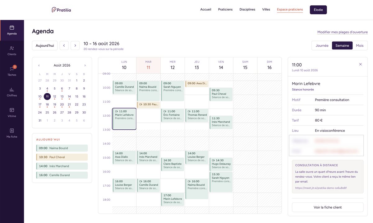 L'agenda du praticien : vingt rendez-vous sur la semaine, avec le détail de chaque séance et le lien de consultation à distance