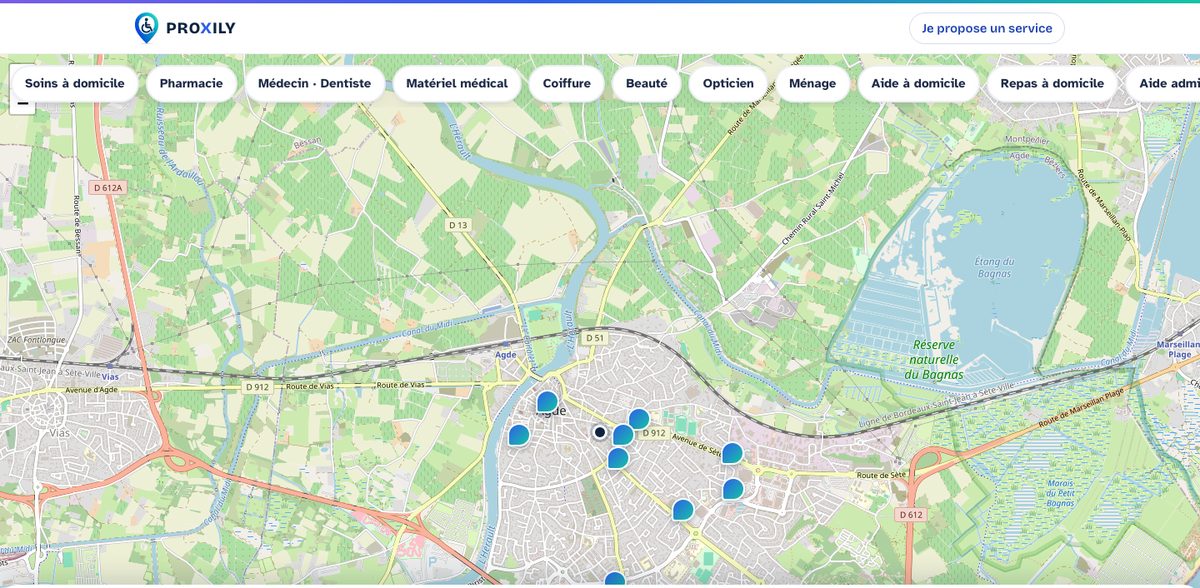 La carte des professionnels autour du domicile, filtrable par service
